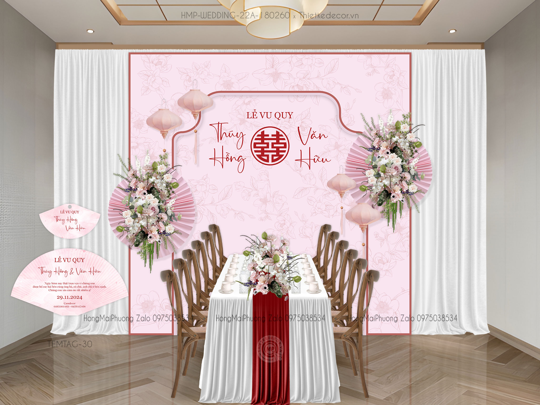 Gia tiên tone hồng nền hoa kèm tem nước và tag bàn hình quạt cách điệu